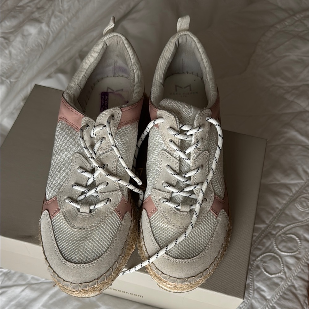 Marc Fisher Chic White and Pink Sneakers with Breathable Knit